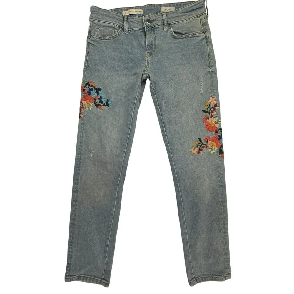 Pilcro Anthropologie Floral Embroidered Slim Fit Jeans Women 26 Stretch Bohemian